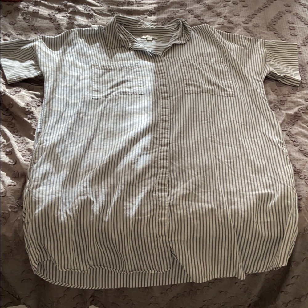 Cream and navy striped Madewell shirt dress